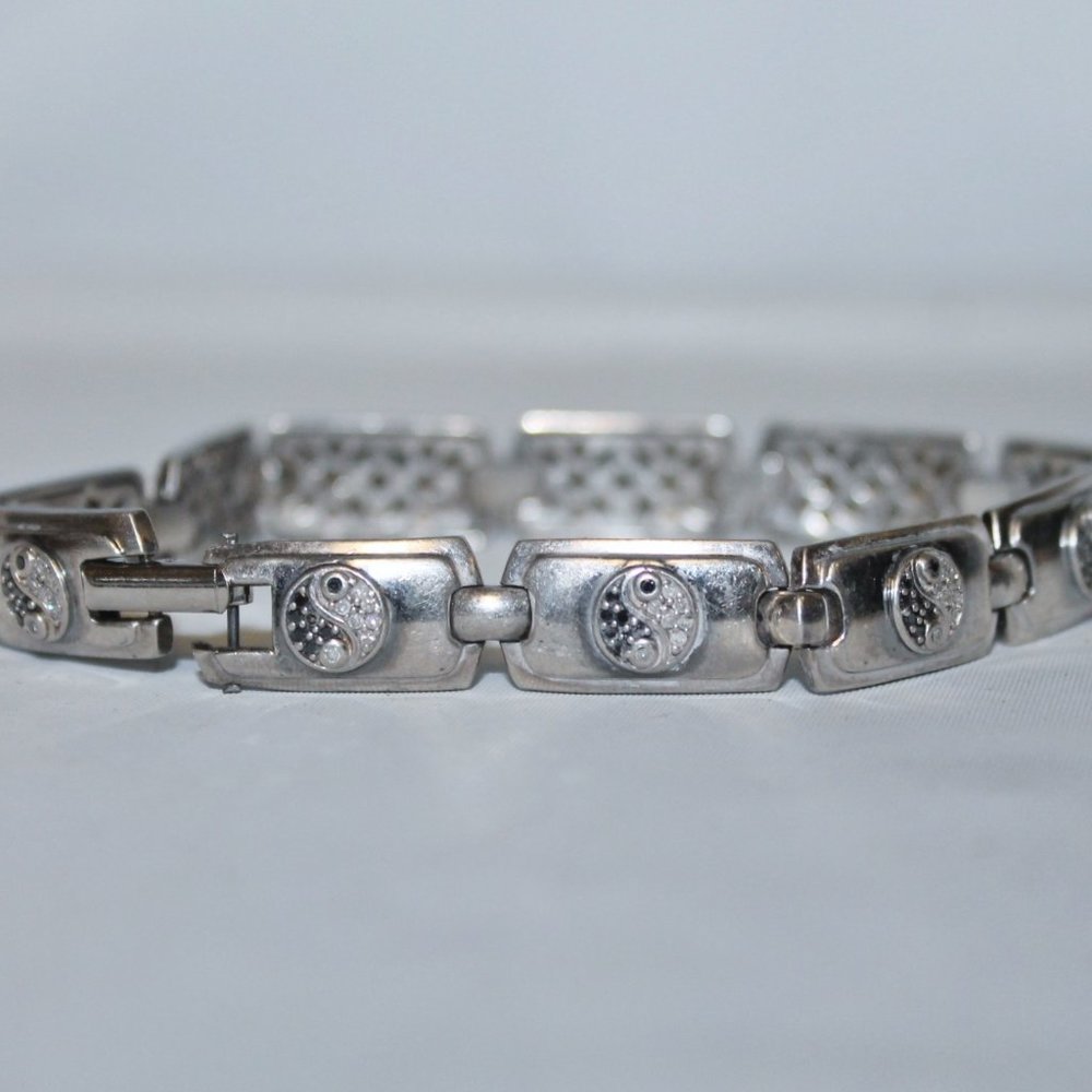 Unisex 9" Genuine Diamond Yin Yang Heavy 925 Sterling Silver Bracelet
